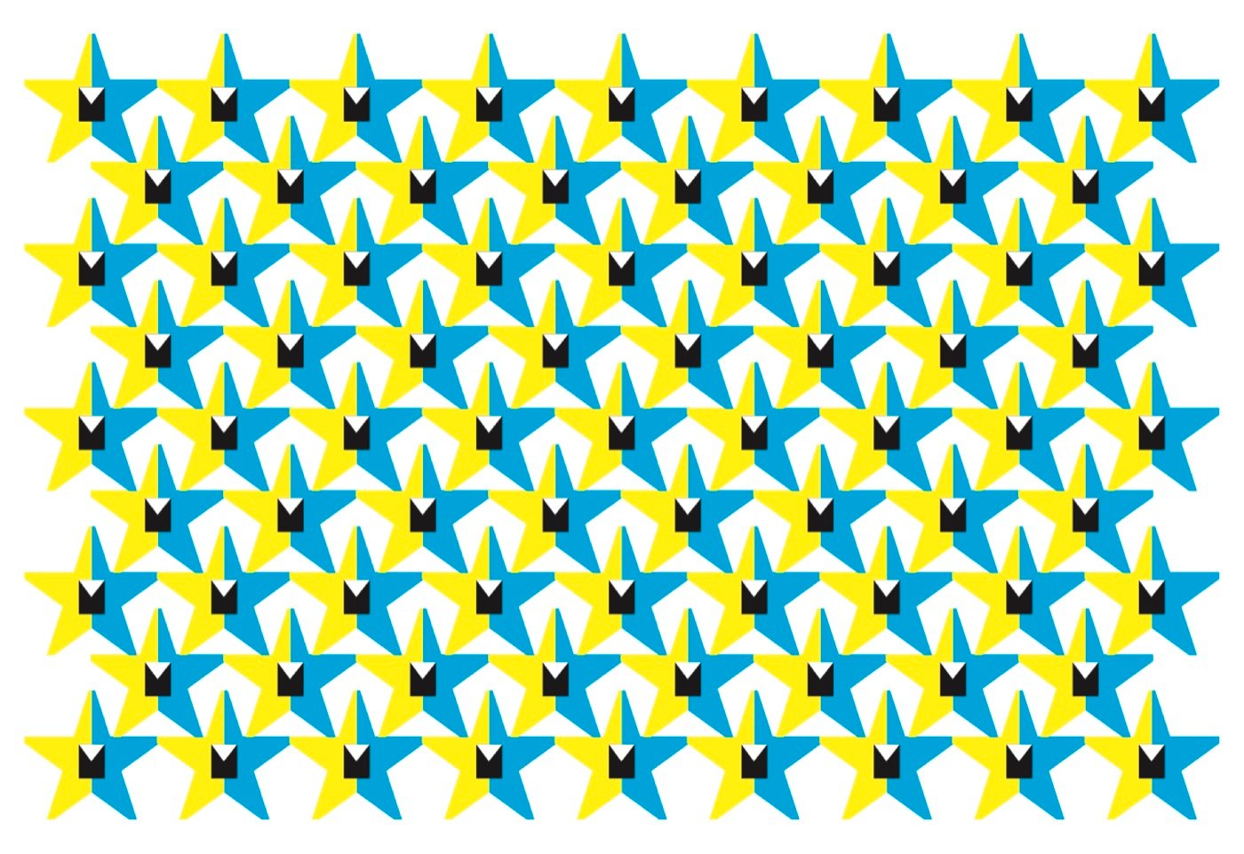 Uma folha de 480 × 330 mm com 77 estrelas encaixadas umas nas outras, em filas alternadas.
